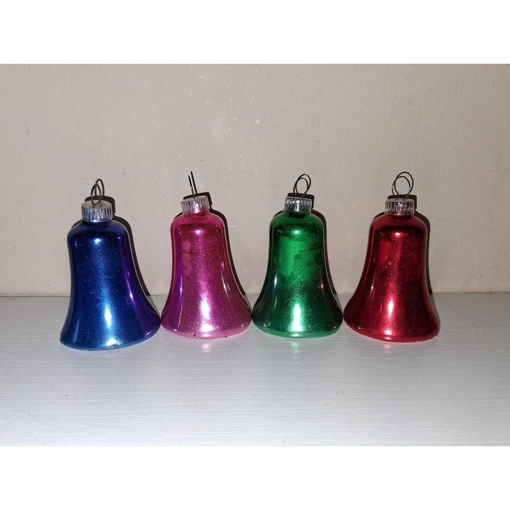Vintage West Germany Mercury Glass Bell Ornaments Set of 4 Blue Pink Green Red 2